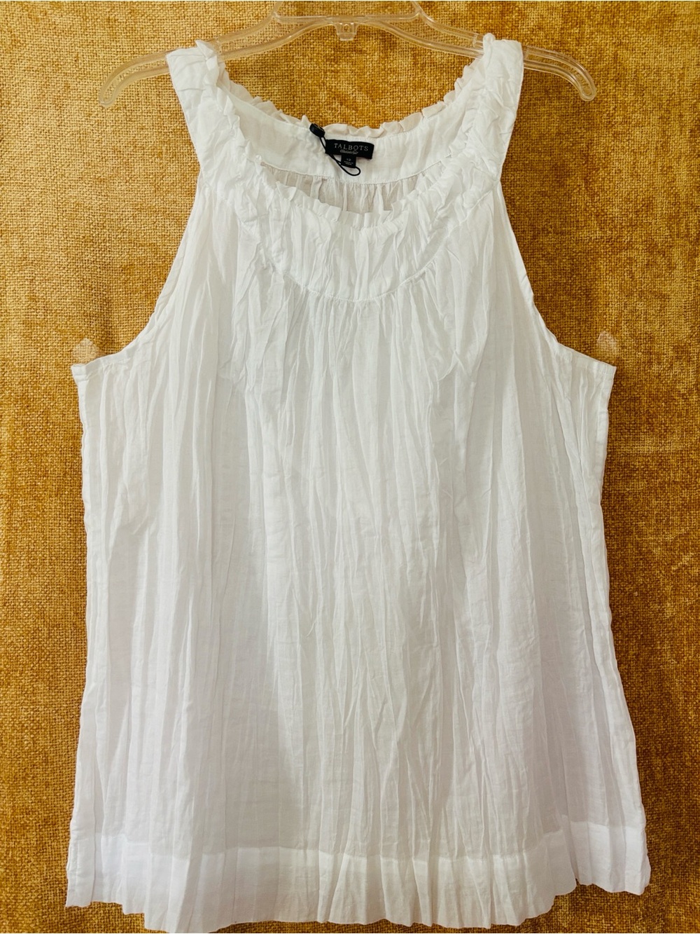 Talbots White Crinkle Sleeveless Tank with Ruffled Neckline